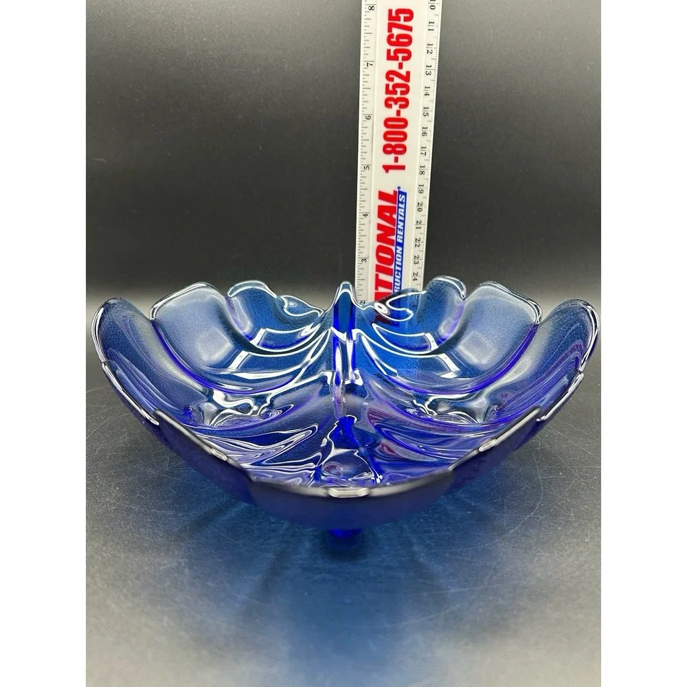 VTG Blue Art Glass Footed Leaf Bowl Dish Cobalt Blue Textured Raised Vein